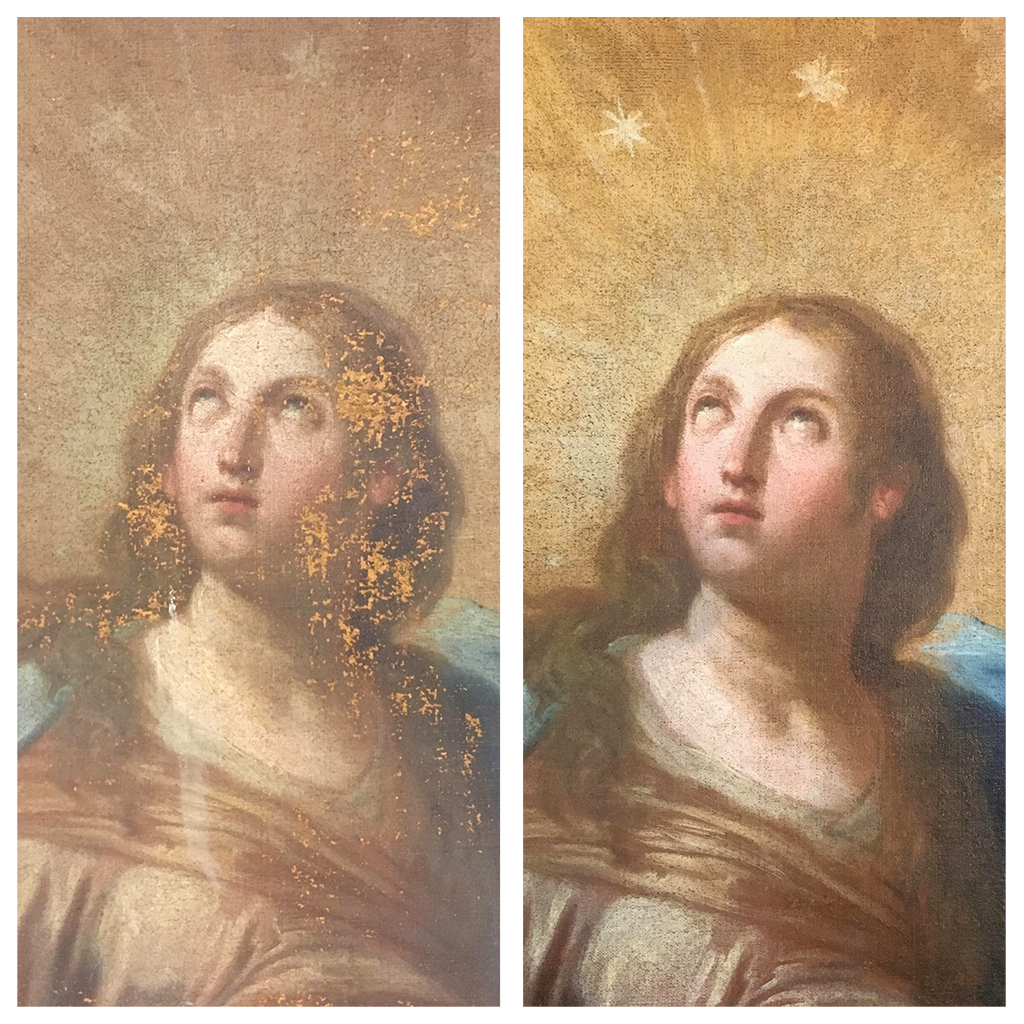 Confronto prima e dopo il restauro di un dipinto raffigurante l'Immacolata – Esempio di intervento OCRA Restauri